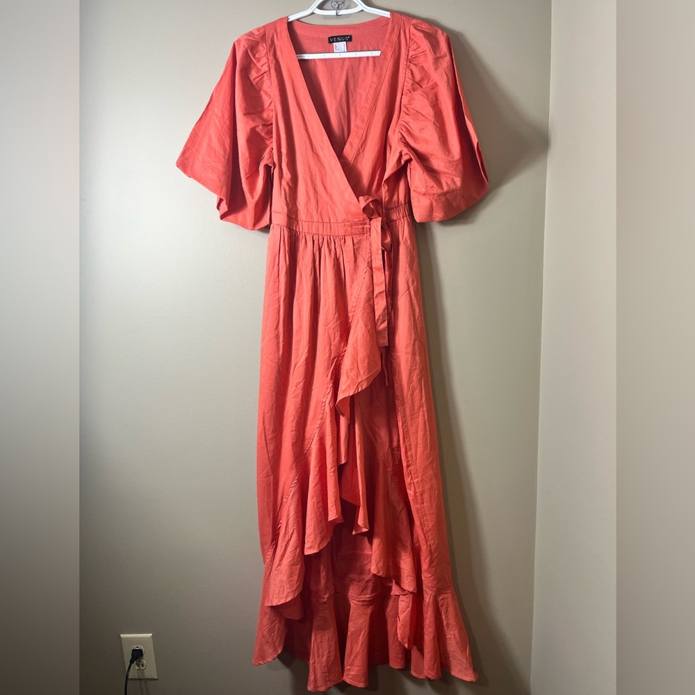 VENUS Coral Ruffle Wrap Maxi Dress High Low Hem Butterfly Sleeves Size 6 Boho - Picture 10 of 10